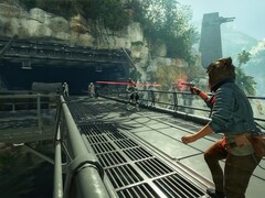 Кей Весс, главный герой игры Star Wars Outlaws, стреляет в Strom Troopers. (Источник изображения: Nintendo)