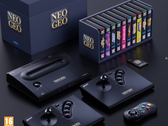 Изображение Neo Geo Aes+ с джойстиками геймпада и коллекцией видеоигр