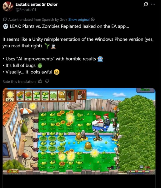 Скриншот из утечки версии Plants vs. Zombies Replanted (Источник изображения: скриншот, аккаунт Erstatic antes Sr Dolor X)