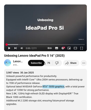 IdeaPad Pro 5 16 от Lenovo выйдет на рынок с графическим процессором Nvidia RTX 5050 на борту. (Источник изображения: Lenovo PC на YouTube)