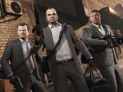 Главные герои Grand Theft Auto V Майкл, Тревор и Франклин выполняют задание по ограблению с оружием и сумками. (Источник изображения: Rockstar Games)