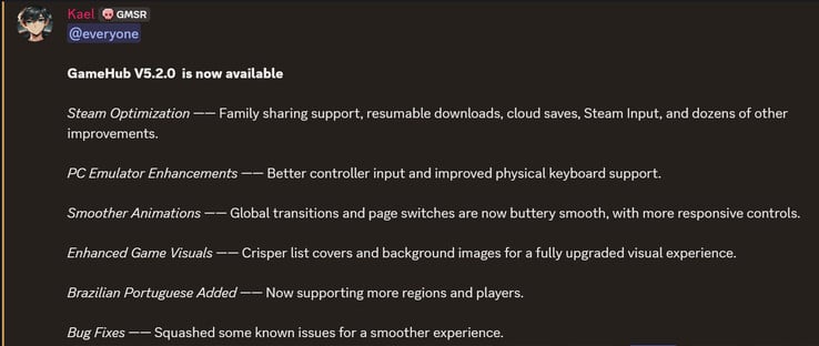 Список изменений GameHub v5.2 (Источник изображения: GameSir)
