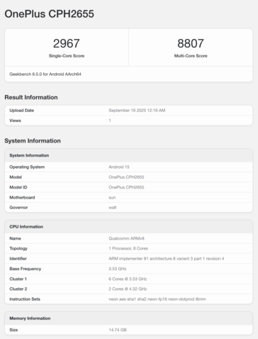 Листинг OnePlus 13 на Geekbench. (Источник изображения: Geekbench)