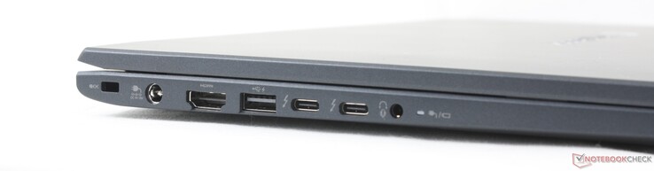 Слева: замок безопасности, адаптер переменного тока, HDMI, USB-A Gen 3.2, 2x USB-C 4.0 w/ DisplayPort + Power Delivery, 3,5 мм гарнитура