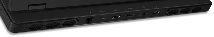 Задняя сторона: гигабитный Ethernet, USB 3.2 Gen 2 (USB-C; Power Delivery, DisplayPort), HDMI, 2x USB 3.2 Gen 1 (USB-A), разъем питания