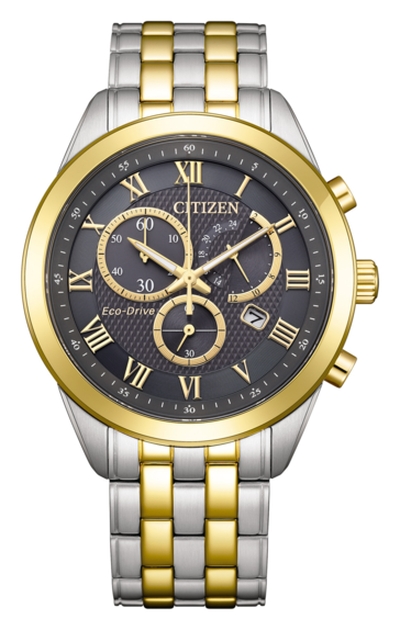 Хронограф Citizen AT2604-56H с механизмом Eco-Drive, оснащенный текстурированным циферблатом угольно-серого цвета, безелем и стрелками золотистого оттенка, а также двухцветным браслетом из нержавеющей стали.