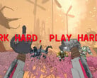 Скриншот Mycopunk с руками робота и текстом, перечитывающим work hard play harder