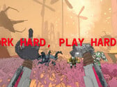 Скриншот Mycopunk с руками робота и текстом, перечитывающим work hard play harder