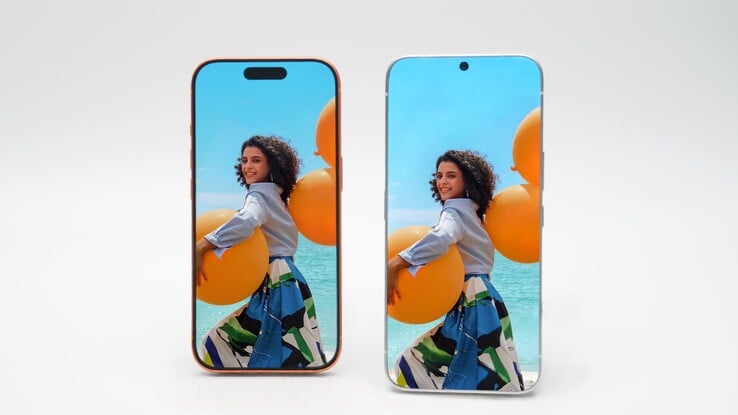 Смартфон Tecno Randlos-Phone в сравнении с обычным смартфоном, по всей видимости, iPhone 17 Pro.