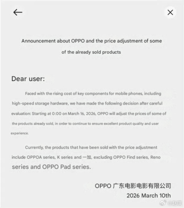 Oppo объявляет о повышении цен на несколько смартфонов в Китае.