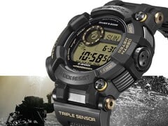 Часы Casio G-Shock Frogman GWF-D1000BC-1JF показаны под углом, что позволяет выделить их массивный асимметричный корпус и композитный ремешок.