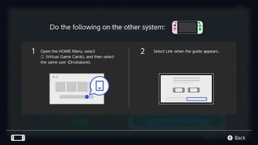 Шаг 1 объединения консолей Nintendo Switch для обмена виртуальными игровыми картами: На экране пользователю предлагается открыть меню HOME, выбрать значок Виртуальные игровые карты, а затем выбрать свой профиль пользователя на другой консоли Nintendo Switch, которую он хочет связать.