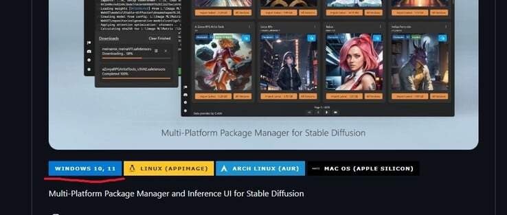 Снимок экрана страницы Stability Matrix на GitHub с выделенной кнопкой загрузки Windows 10/11. (Источник изображения: Захват экрана Windows)