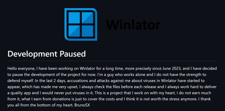 Сообщение BrunoSX о приостановке разработки Winlator (Источник изображения: GitHub)