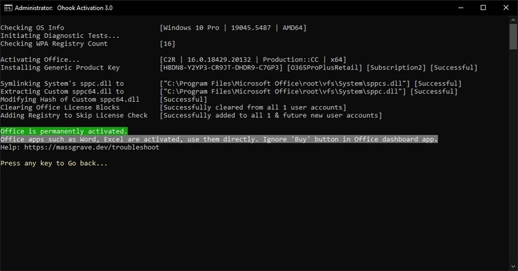 ...и экран активации Microsoft Office. (Источник изображения: Massgrave.dev)