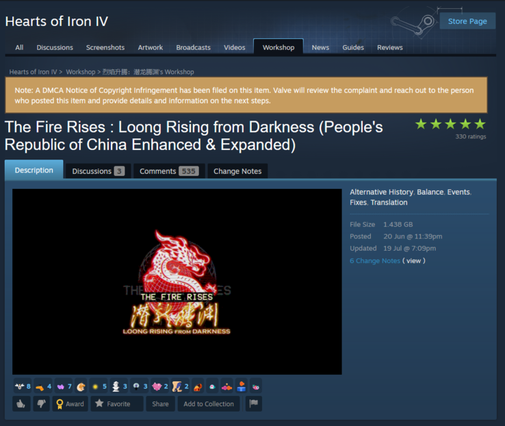 Уведомление DMCA на странице сообщества Steam, посвященной игре The Fire Rises : Loong Rising from Darkness. (Источник изображения: Steam)