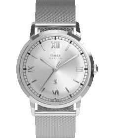 Наручные часы Timex x Todd Snyder Marlin Mesh с серебристым циферблатом с солнечным узором и миланским браслетом.