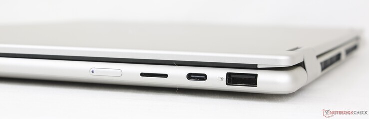 Справа: Кнопка питания, устройство чтения MicroSD, USB-C (10 Гбит/с) w/ DisplayPort 1.4a + Power Delivery, USB-A (5 Гбит/с)