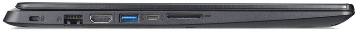 Левая сторона: замок, гигабитный Ethernet, HDMI, 2x USB 3.1 Gen 1 (1x Type-A, 1x Type-C), картридер (SDXC)
