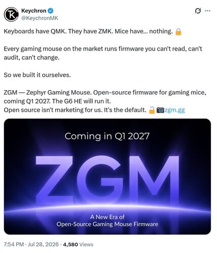 Объявление о выпуске прошивки Keychron ZGM на X