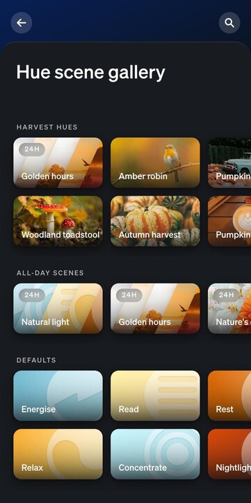 Снимок экрана новой коллекции Harvest Hues в галерее сцен приложения Philips Hue. (Источник изображения: Own)