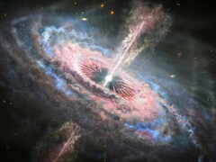 Иллюстрация, показывающая черную дыру и квазар.