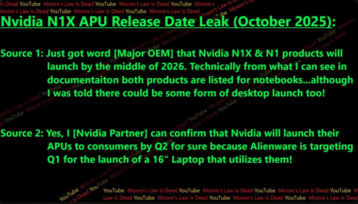 Слухи о дате выхода Nvidia N1X. (Источник изображения: Moore's Law Is Dead на YouTube)