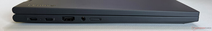 Левая сторона: 2x USB-C 4.0/ Thunderbolt 4 (40 Гбит/с, DisplayPort 2.1, Power Delivery 3.0), HDMI 2.1, аудио 3,5 мм, слот Nano-SIM