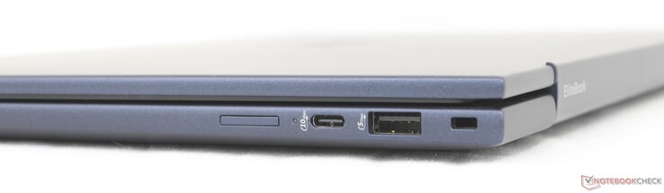 Справа: Слот Nano-SIM (опционально), USB-C 10 Гбит/с w/ Power Delivery + DisplayPort 1.4, USB-A 5 Гбит/с, замок Noble