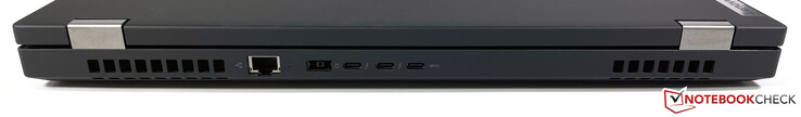 Задняя сторона: Ethernet (2.5 Гбит), разъем питания, 2x Thunderbolt 4 (40 Гбит, DisplayPort ALT Mode 1.4, Power Delivery 3.0), USB-C 3.2 Gen 2 (10 Гбит, DisplayPort ALT Mode, Power Delivery)