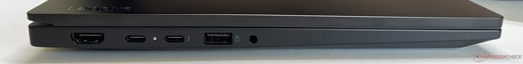 Слева: HDMI 2.0, USB-C 3.2 Gen 2 (20 Гбит/с, DisplayPort 1.4, Power Delivery 3.1), USB-C 4.0 с Thunderbolt 4 (40 Гбит/с, DisplayPort 2.1a, Power Delivery 3.1), USB-A 3.2 Gen 1 (5 Гбит/с, питание), 3,5 мм аудио