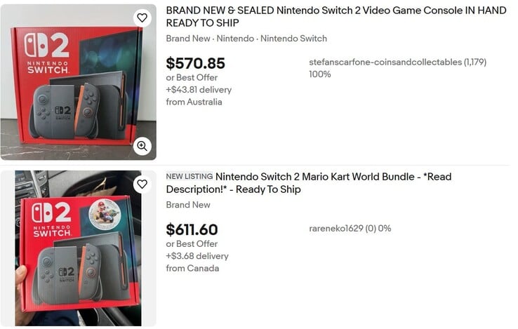 Несколько объявлений о продаже Nintendo Switch 2 на eBay. (Источник изображения: eBay)