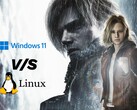Артворк Resident Evil Requiem с графиком сравнения Windows 11 и Linux.