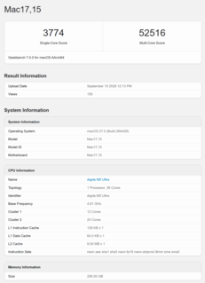 Результат Apple M5 в тесте Geekbench 7