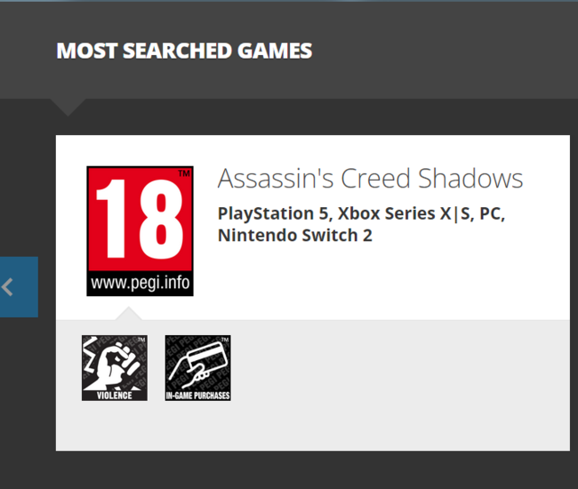 Assassin's Creed Shadows Рейтинг PEGI (Источник изображения: скриншот, PEGI)