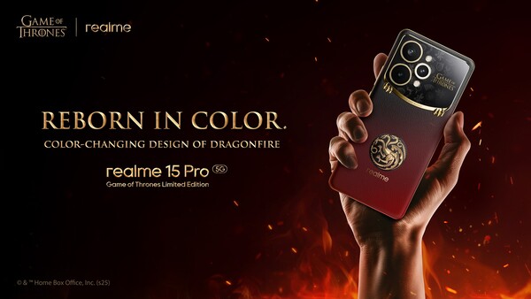 Realme 15 Pro Game of Thrones Limited Edition меняет цвет с черного на красный при повышении температуры. (Источник изображения: Realme)