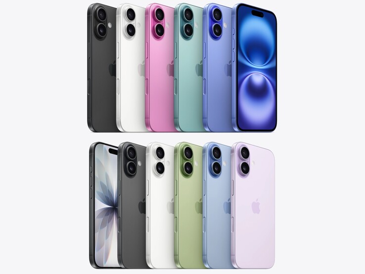 расцветки iPhone 16 (вверху) и iPhone 17 (внизу). (Источник изображения: Apple, отредактировано)