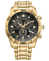 Хронограф Citizen Classic Eco-Drive с чёрным циферблатом, золотистым корпусом и браслетом из нержавеющей стали диаметром 44 мм, фиксированным 60-минутным безелем, тремя дополнительными циферблатами и окошком даты.