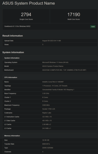 Intel Core i5-14600KF в базе данных Geekbench (Изображение: Geekbench)