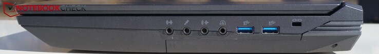 Right-hand side: audio In, microphone, audio Out, headphones/optical, 2 xПравая сторона: линейный вход, микрофонный вход, линейный выход, выход на наушники/S/PDIF, 2 x USB Type-A, слот для замка Kensington  USB Type-A, Kensington lock slot