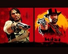 Джон Марстон и Артур Морган из Red Dead Redemption направляют пистолеты на зрителя на красном и желтом фоне (Источник изображения: Rockstar Games)