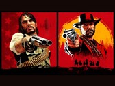 Джон Марстон и Артур Морган из Red Dead Redemption направляют пистолеты на зрителя на красном и желтом фоне (Источник изображения: Rockstar Games)