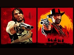 Джон Марстон и Артур Морган из Red Dead Redemption направляют пистолеты на зрителя на красном и желтом фоне (Источник изображения: Rockstar Games)