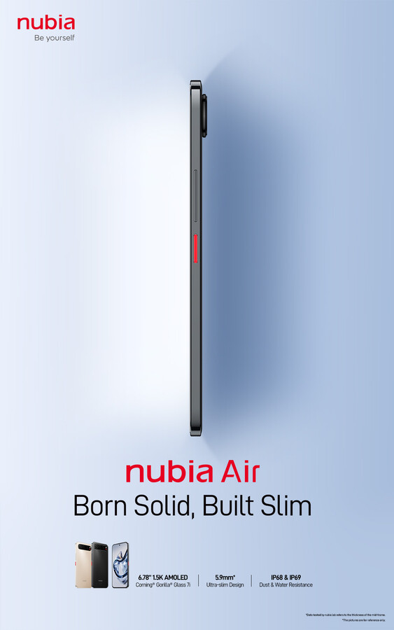 Утечка промо-изображения утверждает, что толщина Nubia Air составляет всего 5,9 мм, с одной важной оговоркой в сноске.