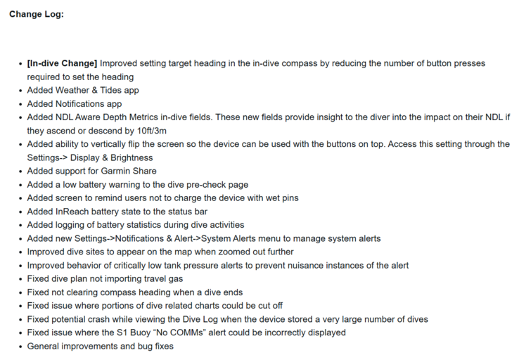 Журнал изменений системного программного обеспечения 4.05 для Garmin Descent X50i. (Источник изображения: Garmin)