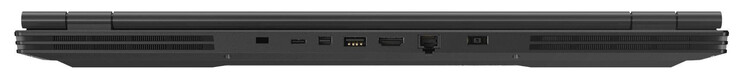 Задняя сторона: слот замка, USB 3.2 Gen 1 (Type-C), miniDisplayport 1.4, USB 3.2 Gen 1 (Type-A), HDMI 2.0, гигабитный Ethernet, разъем питания
