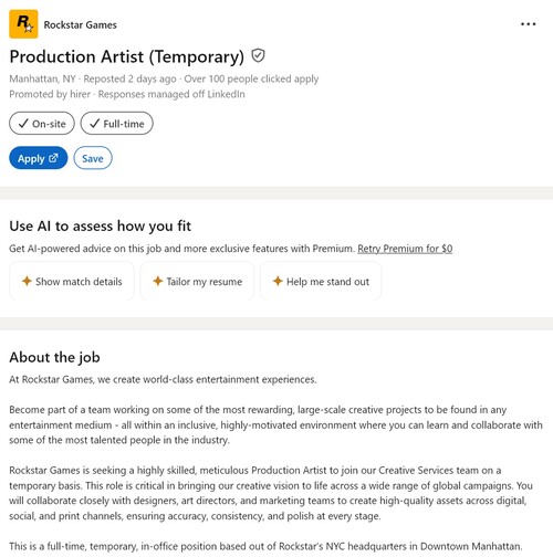 LinkedIn Показано объявление о вакансии художника-постановщика от Rockstar Games