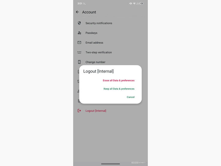 Снимок экрана из последней бета-версии WhatsApp, на котором показана новая опция Logout [Internal]. (Источник изображения: Android Authority)