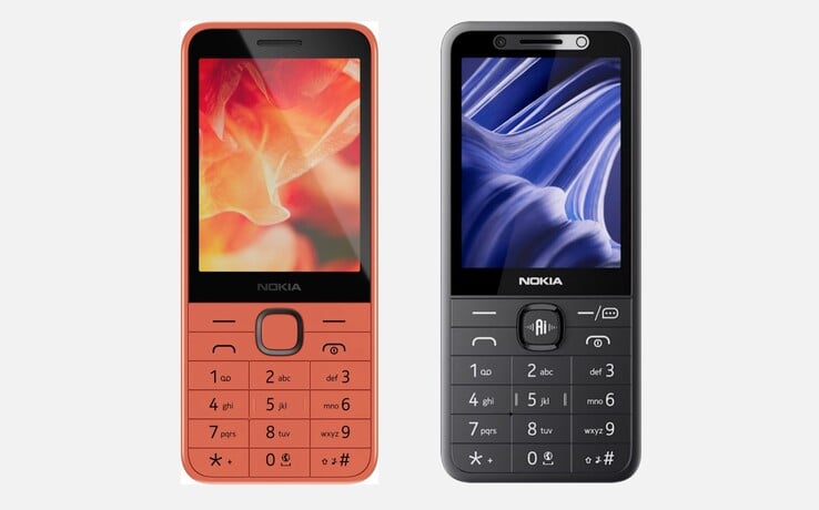 Модель Nokia 215 (2026), расположенная справа на фотографии, отличается от модели Nokia 215 4G (2024), расположенной слева, в первую очередь наличием кнопки AI.