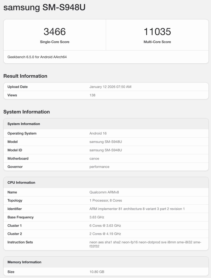 Листинг Geekbench для Galaxy S26 Ultra. (Источник изображения: Geekbench)